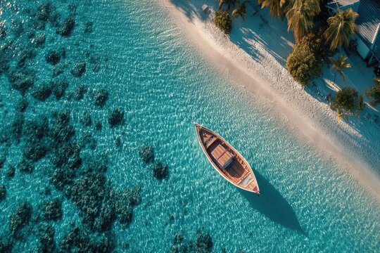 Tropical beach scene with small boat - Powered by Adobe