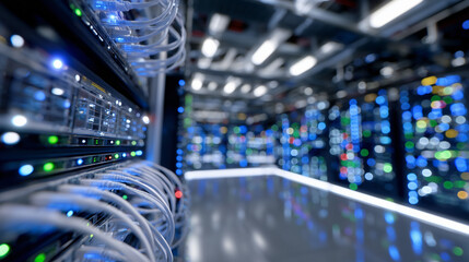 High-tech networking environment close-up, bundles of cables feeding into server rack, indicator lights reflect off polished surfaces