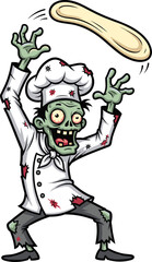 Funny zombie chef cooking pizza dough, cartoon undead baker illustration, scary kitchen character, comic horror vector art