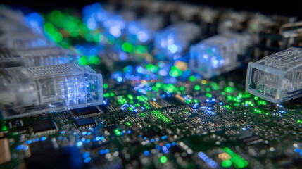 Obraz premium Detailed macro of Ethernet connectors locked into ports, bright green and blue LEDs showing active transmissions, abstract tech aesthetic