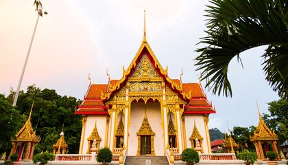 Fototapeta premium Ornate temple facade in golden hues