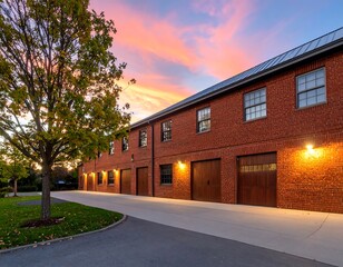 Brick building sunset autumn landscape.