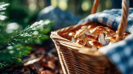 Basket filled with fresh mushrooms set among green forest ferns