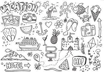 Hand drawn vacation doodles on white background