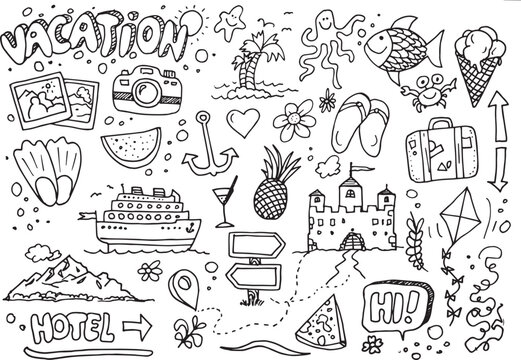 Hand drawn vacation doodles on white background