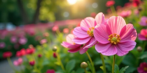 Obraz premium Delicate pink anemone blossoms in vibrant garden setting , closeup, bloom