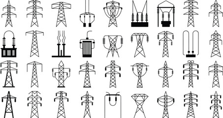 Various high voltage electricity pylons and power transmission tower icons, electric pole structures, grid infrastructure, energy distribution silhouettes collection.