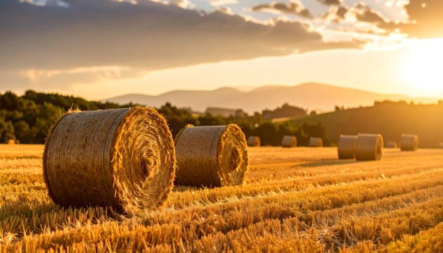 Hay bales at sunset over rolling hills