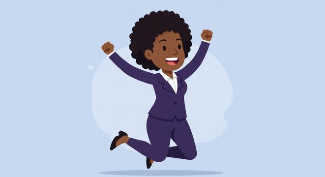 A cartoon woman in a suit jumping for joy
