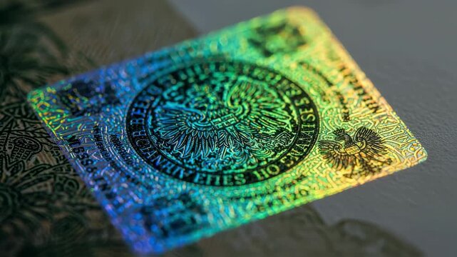 Extreme closeup of embossed hologram with vibrant shifting colors on a banknote demonstrating layered security structures.