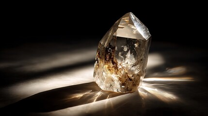 Transparent quartz illuminated from below, highlighting internal sparkles and reflections