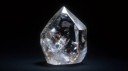 Transparent quartz illuminated from below, highlighting internal sparkles and reflections