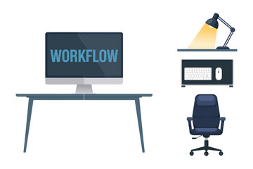 Workflow office workstation illustration with desktop screen lamp shelf and chair, minimal productivity banner, corporate workspace vector elements