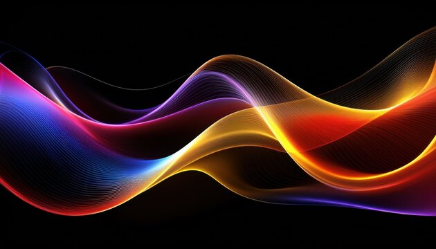 vibrant neon light wave with flowing gradient lines in blue red and yellow glowing on black background for abstract texture or digital wallpaper