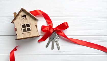 Small wooden house model tied with a red ribbon bow, placed beside a set of metal keys on a white wooden surface