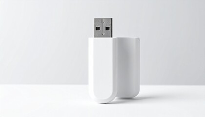Minimalist white USB flash drive with cap removed, revealing the connector, placed on a clean surface