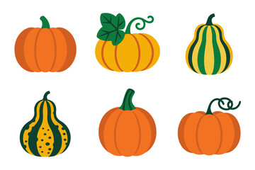 Pumpkin and gourd icon set, harvest vegetables with vines and stems, fall decor vector pack, thanksgiving illustration for invitations