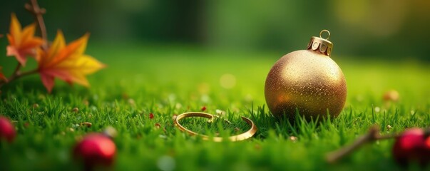 A golden bauble lies shattered on a lush green grass background, with vibrant foliage and twigs surrounding it , fall damage, shattering sound, broken object