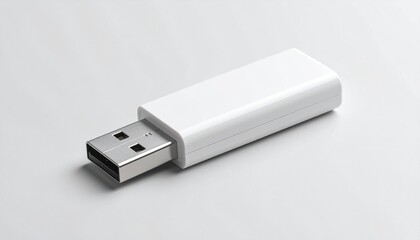 Minimalist white USB flash drive with cap removed, revealing the connector, placed on a clean surface