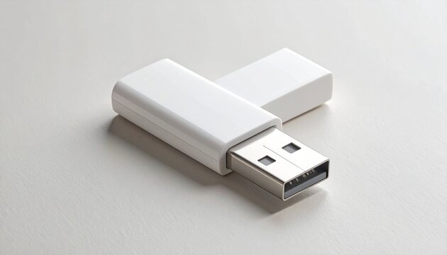 Minimalist white USB flash drive with cap removed, revealing the connector, placed on a clean surface