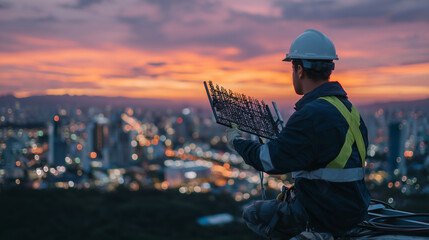Close-up of technician securing antenna with tools, urban skyline blurred in background, dramatic orange and pink hues from setting sun