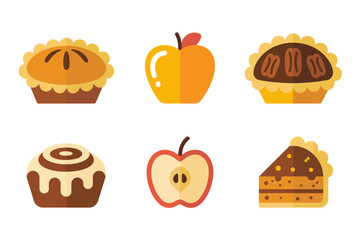Fall pies and sweets collection, apple pie pecan pie cinnamon roll apple dessert slice, bakery icons, vector illustration