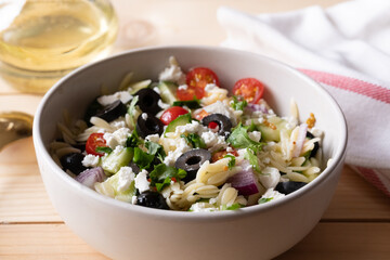 Mediterranean Orzo Salad in bowl