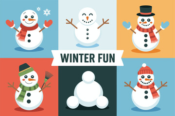 Winter fun snowman panel with snowballs and scarves, colorful blocks layout, festive vector illustration for kids posters banners and social