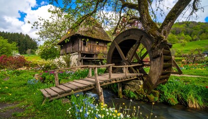 Wooden watermill nestled in a vibrant spring garden