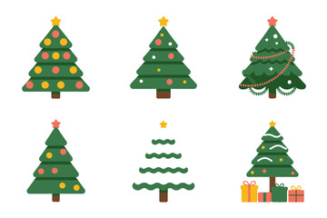 Christmas tree icon set with star toppers ornaments and gifts, evergreen varieties, festive holiday decor vector clipart collection
