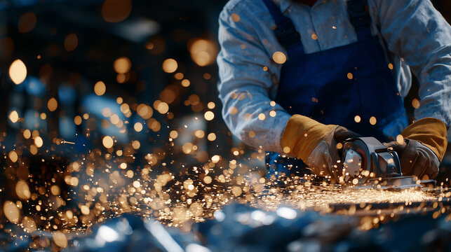 Hands of worker controlling abrasive regenerator with sparks and dust flying, machinery surfaces reflecting bright industrial lighting