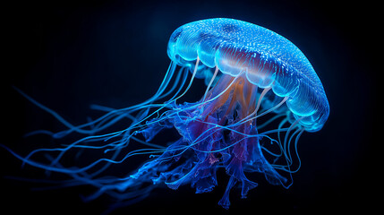 A glowing blue jellyfish drifting gracefully in a dark underwater scene, illuminating the surrounding water with its bioluminescence.
