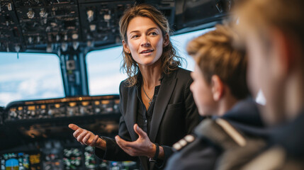Female navigator explaining wind patterns and flight strategy to students, cockpit instruments and sky visible through windows, sense of professionalism and education