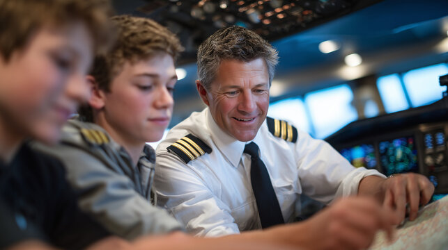 Navigator in uniform explains aerial navigation techniques to students using aviation charts and instruments inside a modern flight simulator, focused expressions and bright lighti