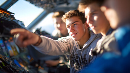Over-the-shoulder shot of navigator pointing at electronic flight display, students watching intently, reflections of sunlight and instrument lights enhancing realism