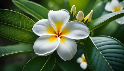Fototapeta premium beautiful white plumeria flowers with bright yellow centers on green leaves