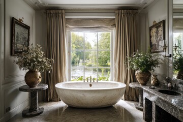 an elegant bathroom with an oval marble bathtub