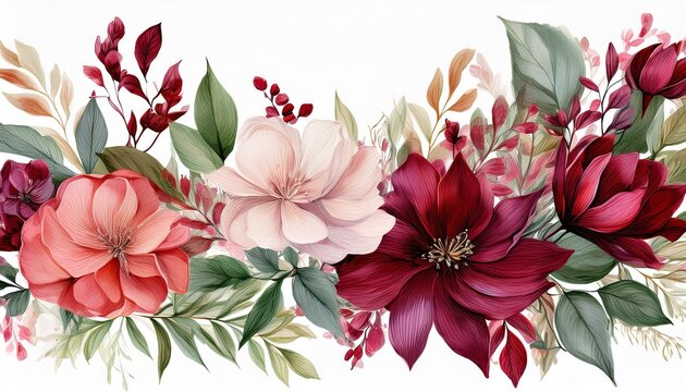 watercolor floral border green leaves burgundy maroon scarlet pink peach blush white flowers leaf generative ai