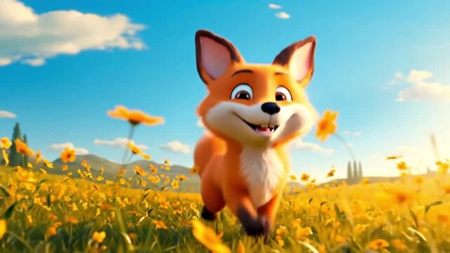 A cartoon fox is sitting in a field of yellow flowers