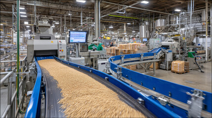 Fototapeta premium Wide-angle view of a grain processing facility with golden grains moving along conveyor belts, workers operating milling machines, bright industrial lighting illuminating polished