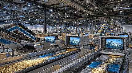 Fototapeta premium Perspective view of grain processing facility with organized rows of packaging machines, golden grains on conveyor belts, bright overhead lighting enhancing colors