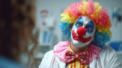 Healthcare clown in vibrant costume offering a comforting toy to a hesitant teen awaiting immunization medium shot with focused interaction and blurred medical backdrop.