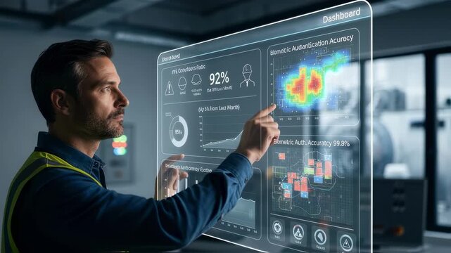Industrial supervisor reviewing biometric dashboard reports on PPE adherence trends and biometric authentication accuracy over time.