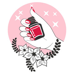Female hand with red manicure nail polish banner and flyer advertisement for manicure studio vector image