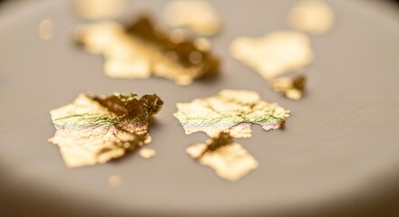 Delicate gold leaf flakes scattered across a light gray surface, showcasing intricate patterns and textures.