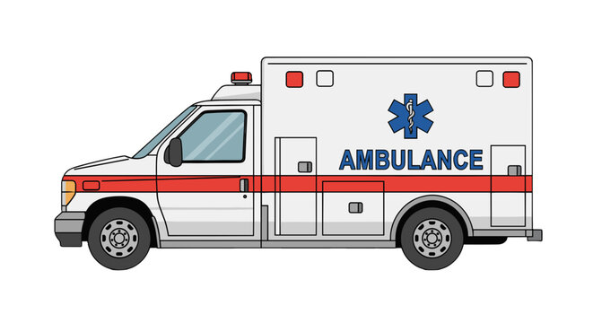 Illustration of a white ambulance with red stripes and a blue star of life symbol on the side view image