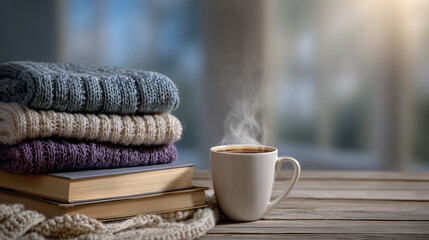 Stack of colorful novels next to steaming coffee on rustic wooden floor, knitted rug underneath, sunlight casting soft glow, generous copy space for text overlay