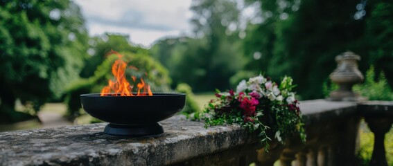 a black fire bowl with flames, next to it is an arrangement of flowers