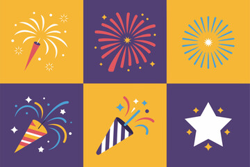 Color block fireworks grid, party popper, comet bursts, celebratory background, postcard template, greeting card layout, printable design, vector elements