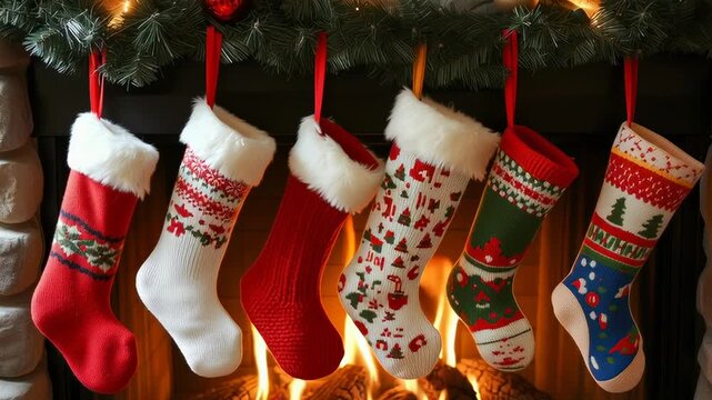 A row of Christmas stockings hanging from a fireplace mantle. The stockings are decorated with various patterns and designs, including a green and white one with a tree on it. The scene conveys a warm
